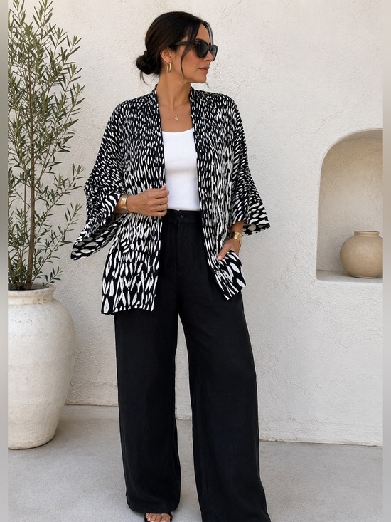 Emmelle Jackets & Blazers - Open Front Kimono Coat Layer Black White Jacket Size Large Luxury EMMELLE NYC
